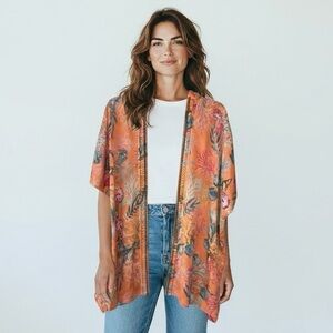 Chico’s Coral Reef Rauna Peach and Blue Floral Tropical Print Kimono